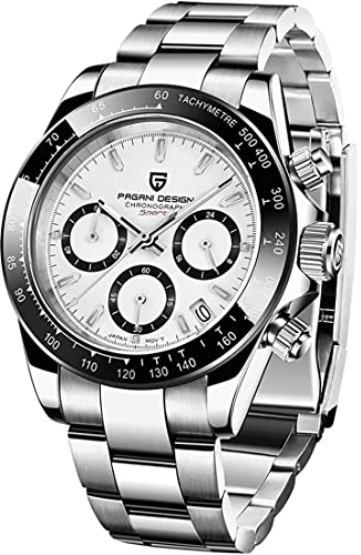 RollsTimi Pagani DesignHerren-Multifunktions-Sportuhr Quarz-Chronograph Uhrwerk Japan VK63 Edelstahlarmband Wasserdicht 100M (A-B&W Silber-1664)