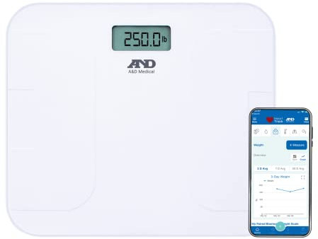 A&D Medical Digital Body Weight Scale, UC-356BLE Bluetooth Bathroom Weight Machine, UltraWide Platform and Large Display, Syncs with A&D App,550lb (249kg), Batteries Included, White