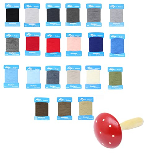 Stopfgarn-Box gefüllt mit 22 Wickelkarten mit je 20 Meter Wickelkarte & Stopfpilz in Fliegenpilz Design, Stopfgarn als Beilaufgarn verwendbar