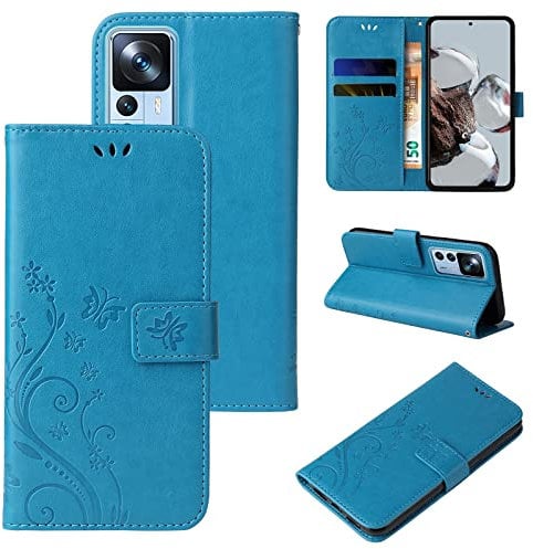 LBH Handy Hülle für Xiaomi 12T / 12T Pro Case Handytasche Schmetterling Blumen Flower Standfunktion Schutzhülle Magnet Rundum Schutz 360 Grad Flipcase Cover Blau