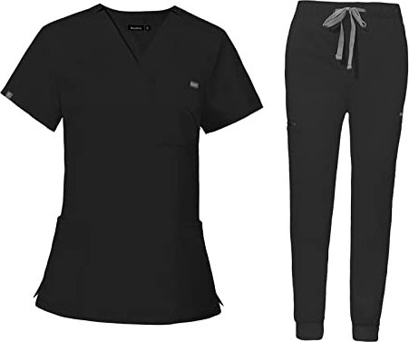 LOVIVER Nursing Uniforms Scrub Set Workwear Nurse Top Pants Work Clothing Women V Neck Scrub Top Nursing Work suits for Cosmetology SPA Pet Groomer, Black M