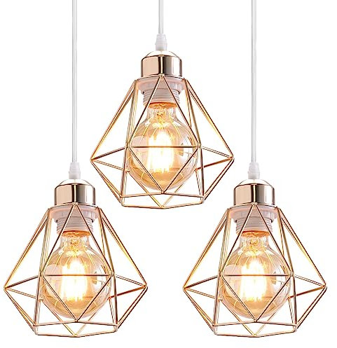 TOKIUS Lot de 3 Lustres Suspensions Industrielles Luminaires Plafonnieres E27 Vintage Plafond Abat-jour Rétro Design Métal Cage Ø160mm éclairage de plafond Cuisine Salon,Cuivré (L-3pcs)
