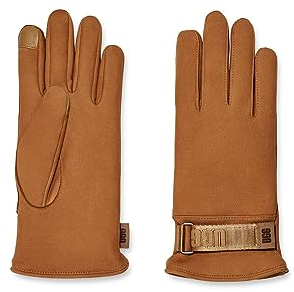UGG Smart Handschuhe aus Leder mit leitfähigen Spitzen und recyceltem Mikrofellfutter, Kastanienbraun, MD, Kastanie, Medium