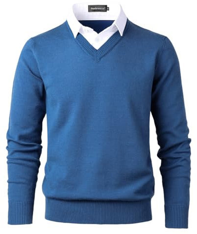 Harbrosrce Jersey de Punto Fino con Cuello en V para Hombre Slim-Fit Sudadera Basico Pullover Invierno Caliente Suéter Pulóver Sweater de Manga Larga