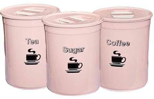 SIDSONS 3 Piece Set Tea Coffee Sugar Canister Set 850ml Plastic Round Home Kitchen Tea Coffee Sugar Container Tin Airtight Storage Jars Set (pastel Pink)