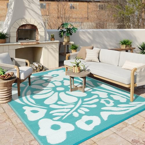 Uphome Outdoor-Teppich, 20,3 x 25,4 cm, wasserdicht, wendbar, blau, Blumenmuster, Wohnmobil, Campingteppich, Terrasse, Kunststoff, Stroh, Außenteppich, groß, faltbar, Outdoor-Matte, Teppich für