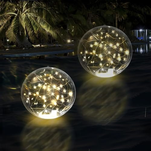 SATXTREM 2 luci a energia solare per piscina, sfera galleggiante a LED da 35,6 cm, luce bianca calda 3000 K, impermeabile IP68, decorazione esterna per piscine/giardino, luci notturne autoilluminate