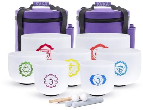 KVKA Set of 7pcs Crystal Singing Bowls 7-12 inch Frosted Quartz Crystal Sound Healing Bowls Set with Carrying Cases and Mallets O-rings —— Chakra Design