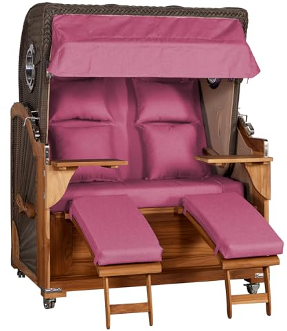 Webavita Strandkorb Audrey Rosa aus Teak | 2-Sitzer Volllieger mit Bullauge | Urlaubsfeeling für Zuhause Terrasse Balkon | Inkl. Schutzhülle