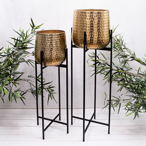 Generic Large Gold Hammered Metal Plant Pot on a Black Folding Display Stand (Medium)