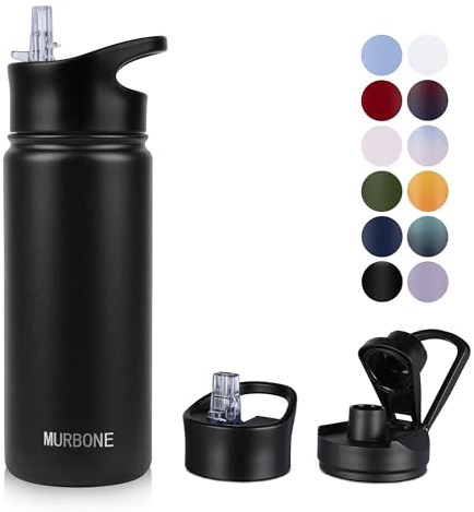 MURBONE Gourde en Acier Inoxydable 500ml(+2 Bouchons) avec Paille Amovible,Bouteille Isotherme Sans BPA Thermos Double Paroi Sous Vide Étanche,anti-fuite,pour le Sport et Voyage