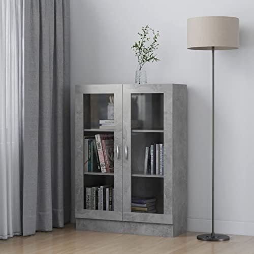 Homgoday Schrank mit Vitrine, Grau, Beton, 82,5 x 30,5 x 115 cm, Spanplatte, vertikales Bücherregal, platzsparend, Bücherregal, Vitrine