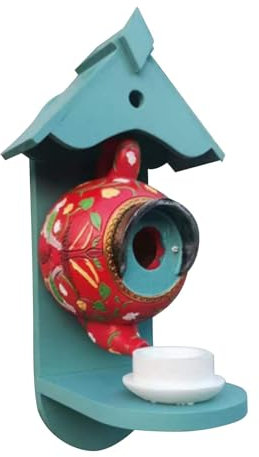 Vogelfutterstation, Teekanne, Nistkasten für Vögel für den Außenbereich – Vogelfutterstation für Vögel, Teekanne, hängend, bunt, dekorative Vögel, niedlich, für Hof, Garten, Baum, Hof