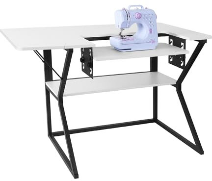 Vividwood Sewing Table, Large Sewing Machine Table with Adjustable Platform and Storage Shelf - White