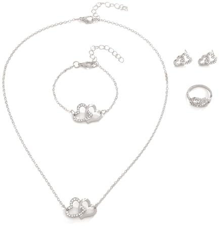 FDEETY Schmuckset Damen Doppelt Herz Kristall Anhänger Halskette Ohrstecker Armband Ringe Schmuck Set Brautschmuck Geschenke für Mädchen Hochzeit Engagement Party (Silber)