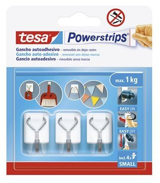 Tesa Powerstrips Klebehaken Small - mit abnehmbaren Metallhaken - Wiederverwendbare Wandhaken für Bad und Küche - Montage ohne Bohren - Weiß - 3 Haken, 4 Powerstrips