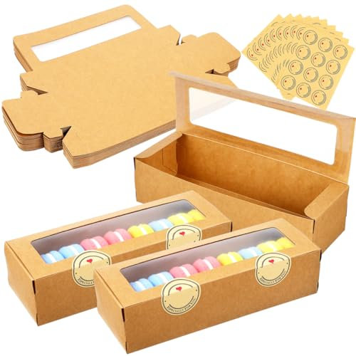 Ipetboom Kraft Cookie boxes with Window and Stickers: 50 Pcs Pastry Macaron Bakery Box For Packaging - Party Favours for Christmas Pastry Cookies Muffins Pies Brownie cupcake candy, 7.7X2.6X1.9 inch