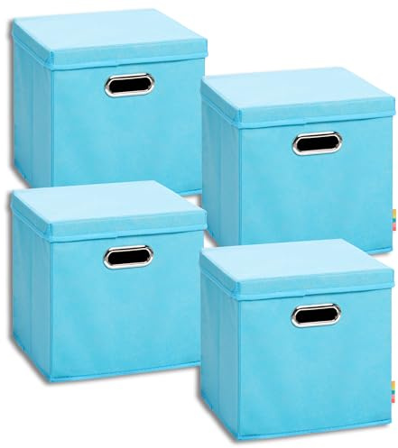 Storanda | 4er Set Aufbewahrungsbox mit Deckel 28x28x28 cm | Beiseitig Breite Griffe | Stabil & Faltbar | Regalbox für Würfelregal | Türkis