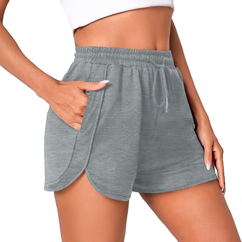 Litherday Women's Running Shorts Gym Sweat Jogging Sports Casual Lounge Athletic Workout Ladies Cotton Shorts High Waisted with Pockets Grey