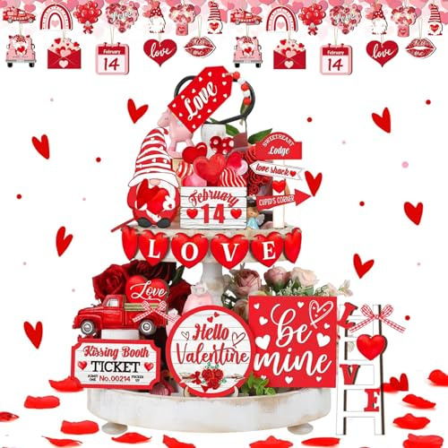 39 Stk Valentinstagsdekorationen,Valentinstag Holzschild,Valentinstag Holzornamente,Hängende Dekorationen, Holz Ornamente mit Seilen, Hängendes Dekor, Anhänger für Valentinstag, Party, Hochzeit Jubilä