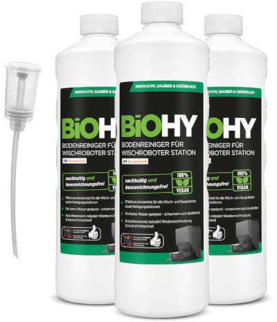 BiOHY Nettoyeur de sol pour robot laveur Station avec parfum orange (3 x 1 litre) + doseur | Nettoyant concentré pour tous les nettoyeurs et robots aspirateurs avec fonction humide | Faible mousse et