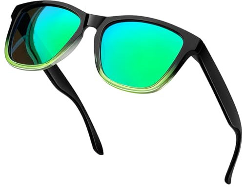 KANASTAL Lunettes de Soleil Polarisées Homme Femme UV400 Carrées Noires Dégradées Verres Miroir Vert Futuriste et Classique