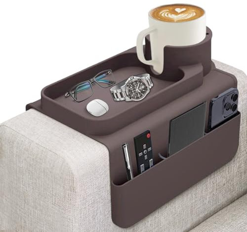 JNCST Sofa Armrest Tray - Silicone Couch Cup Holder with Anti-Slip Base & Multi-Pockets Spill-Proof Sofa Tray for Coffee, Snacks & Remote Secure Grip Design for Leather/Fabric Couches (Brown)