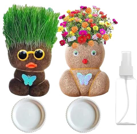 2 Pcs Grass Head Set, Grass Heads for Kids to Grow, Grow Your Own Kits Grass Heads to Grow Suitable for Home Decoration Office Desk Gardening Hobby Classroom Workshop Relaxation Fresh Air