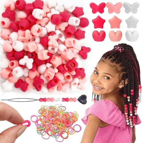 90 Pcs Silicone Hair Beads for Women Girls Braids, Soft Colorful Pony Beads Bulk for Kids Girls Women Hair Accessories for Braids (Multiple Shapes - Pink)