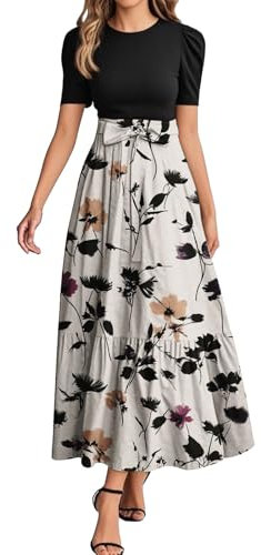 Robe Longue Fluide Amincissante Acheter en Ligne Beige Ete Robe Soiree Femme Chic Manche Courte Vetement Ete Fleurie Col Rond de Soirée Chic de Cocktail Ample Volants Femme Beige S