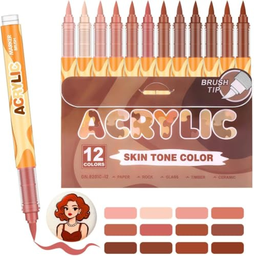 Laconile 12 Farben Acrylstifte für Hauttöne, Acrylstifte für steine wasserfest Mit flexibler Pinselspitze (1-5 mm) zum Bemalen von Steinen, Keramik, Glas, Holz, Leinwand(SKIN-TONE-DARK BROWN)