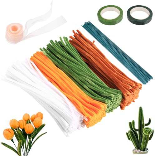 400 Pcs Limpiapipas Manualidades,Limpia Pipas para Manualidades de Colores,Set de Limpiapipas Flores,Pipe Cleaners for Flower Set,Kit de Limpieza de Pipas para Manualidadess DIY Tulipanes+2M Cinta