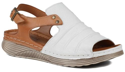 Pavers Leather Wedge-Heeled Sandals - White-Tan Size 6