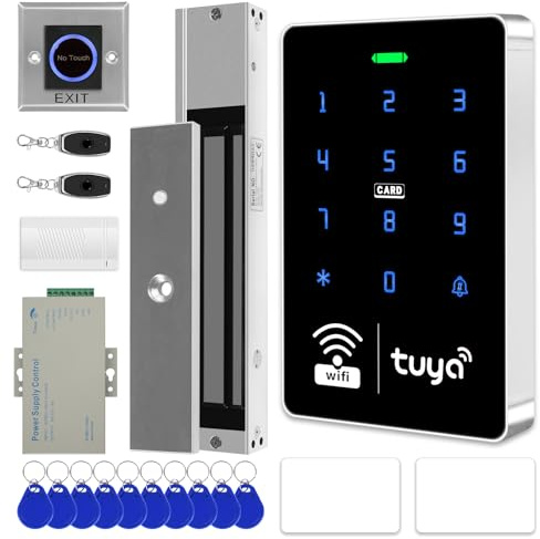 XYBkey WiFi TUYA Security Access System Kit with Waterproof RFID Touch Keypad Door Lock, Smart Remote Door Opener, App, 600-pound Electric Magnetic Lock, Metal Sensor Switch, Doorbell, Keychain/Card