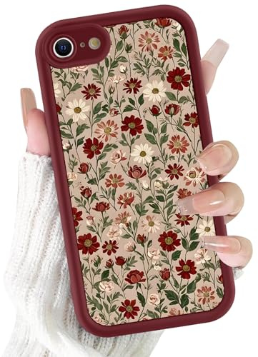 Xylota Funda para iPhone 8/7/SE 2020/SE 2022 4,7, Aesthetic Flores Dibujos Carcasa Mujer Niñas Case, Suave Silicona TPU Bumper Antichoque Antiarañazos Protección Cover para iPhone 7, Rojo