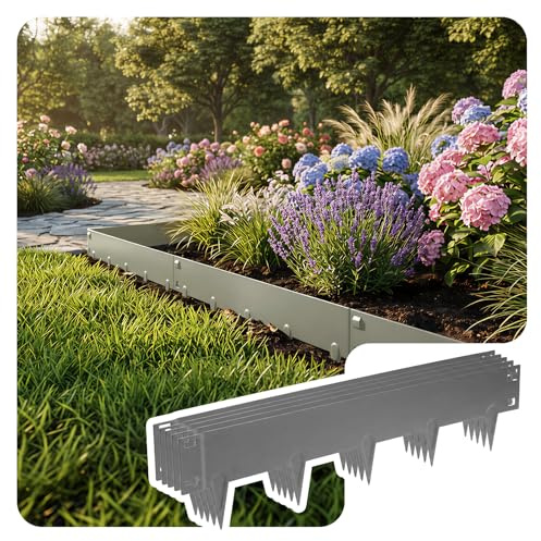 VOUNOT® Bordura per Giardino in Metallo Zincato 10M, Bordo Aiuole Resistente spessore 1,5mm, 106x18cm, Set da 10 Pezzi Bordure Flessibile per Prato, Piante da Giardino, Orto, Grigio