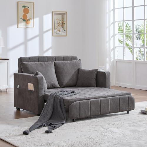 Bladez Ausziehbare Schlafcouch mit USB-Ladefunktion, Schlafsofa 2-Sitzer Klappsofa aus Chenille Stoff, Kompaktes Gästebett mit Becherhalter, Abnehmbarer Bezug für Wohnzimmer kleine Räume (Grau)