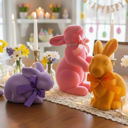Lanpn 3er-Set Flauschige Osterhasen mit Schleifen, Hasenfiguren in Pastellfarben für Tisch, Regal & Wohnraum, Frühlingsdekoration (Rosa, Orange, Lila)