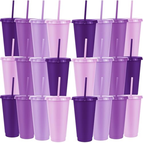 ASMIZ 24 Pcs Purple Plastic Cups with Lids and Straws, 24 oz Tumblers | Reusable Design, Travel Mug Cups for Coffee, Drinks, Wedding, Bridal Shower, Baby Shower and Birthday