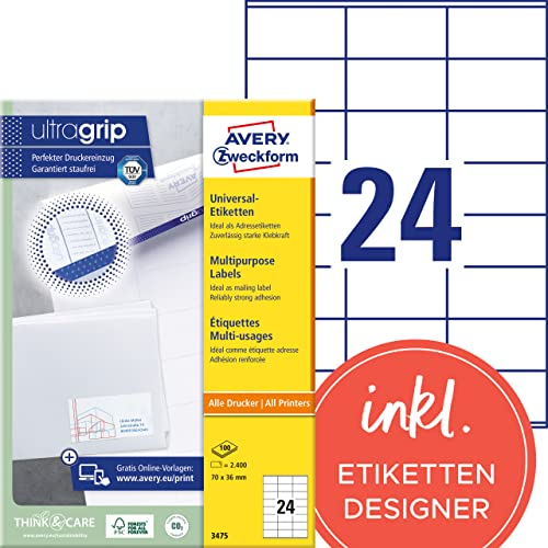 AVERY Zweckform 3475 Adressaufkleber (2.400 Klebeetiketten, 70x36mm auf A4, Papier matt, bedruckbare Absenderetiketten, selbstklebende Adressetiketten mit ultragrip) 100 Blatt, weiß