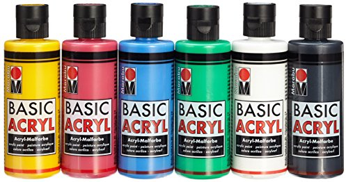 Marabu 1200000000080 - Basic Acryl Set, hochwertige, seidenmatte Acrylfarbe, Wasserbasis, schnell trocknend, gute Deckkraft, 6 x 80 ml in mittelgelb, karminrot, mittelblau, saftgrün, weiß und schwarz