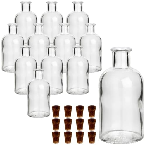 gouveo 12er Set Glasflaschen 100 ml Apotheker rund mit Korken (SK) - Kleine 0,1 l Flasche aus Glas - Lerere Korkenflasche für Likör, Öl, Essig, Deko (AFRT100SK)