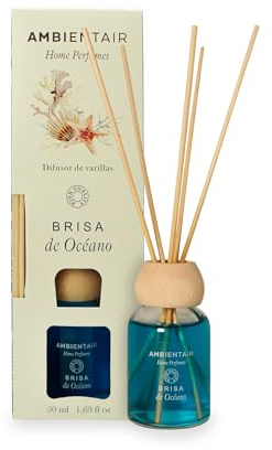 Ambientair Mikado Ambientador para Hogar, Aroma Océano, Cristal, Azul, 6 x 6 x 19 cm