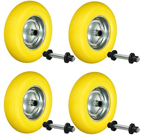 ECD Germany 4er Set Schubkarrenrad aus pannensicherem PU Vollgummi, Ersatzrad Gummirad mit Achse, 4.80/4.00-8, Durchmesser 390mm, Gelb, 200kg, Reifen mit Stahlfelge, Reifen für Schubkarre Gartenkarren
