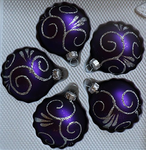 Matte dunkel-lilane Weihnachtskugeln aus Glas mit silbernen Glitzerapplikationen - Durchmesser 6 cm 5er Set