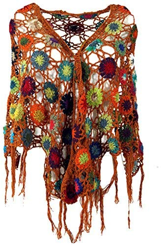 GURU SHOP Häkelstola, Hippie Blümchen Häkelschal, Dreieckstuch - Rostorange, Herren/Damen, Baumwolle