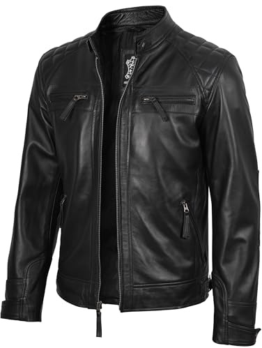 Giacca in pelle da uomo per motociclista, in vera pelle di agnello anticata marrone - Nero - M