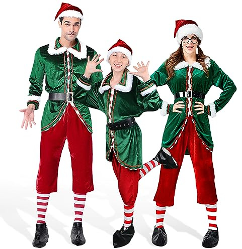 JESOHO Christmas 6 Piece Unisex Elf Costume. Men's, Women's Performance Costumes.CosPlay Party, Santa's Helper Elf Outfit (Size: S,M,L,XL,XXL)