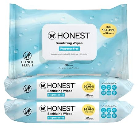 The Honest Company Fragrance-Free Sanitizing Alcohol Wipes, Antibacterial with Aloe, Kills 99% of Germs, 150 Count