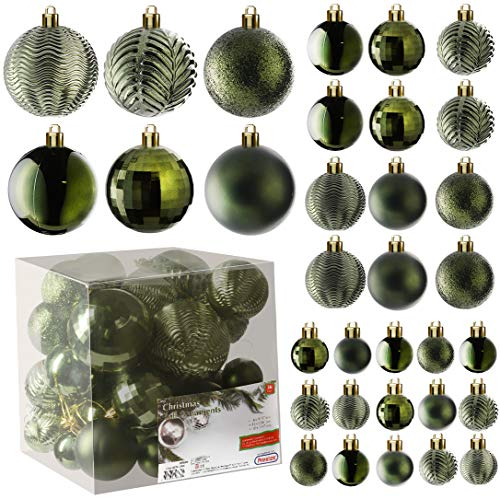 Prextex Palline di Natale Verde Scuro per Decorazioni Natalizie - 36 Pezzi Addobbi Natalizi Infrangibili Albero Natale con Gancio - Decorazioni Albero di Natale (Combo di 6 Stili in 3 Misure Diverse)